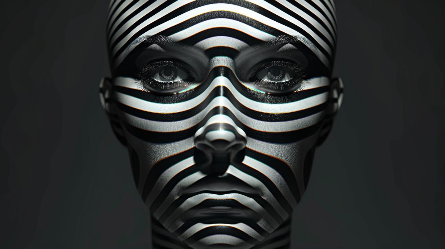 Prompt: Create an image of a human-like face with a futuristic aesthetic. The face should be framed by abstract, metallic elements that evoke a sense of advanced technology. Include sleek stripes of alternating colors across the face that complement the overall color scheme, but allow the eyes to be clearly visible, radiating a sharp, piercing look. The facial features should be detailed and realistic, with a touch of surrealism that blends organic and synthetic elements seamlessly. The background should be dark to highlight the subject, with subtle highlights that suggest a high-tech environment.