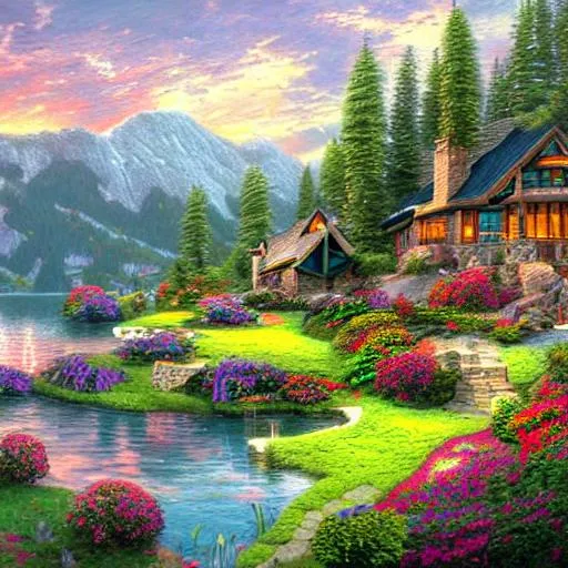 Prompt: A house on the lake in the mountains, in the style of Thomas kinkade