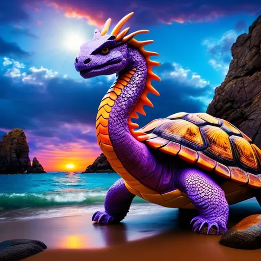 Prompt: Dragon, turtle, shell, large, fantsy, rocky shore, purples reds blues pinks oranges, sun set, magic, dark, spooky, adventure