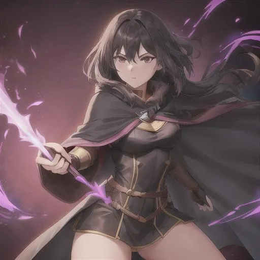 Prompt: female human shadow sorcerer fighting in a magic battle. lean, athletic build and flowing dark brown hair.  She is small bosomed. 

She wears a long cloak made of dark gray wool, lined with gray fur. Brown undershirt. leather bodice, dark gray skirt. knee-high boots.
league of legends character art.