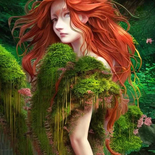 Prompt:  Insanely detailed elaborate beautiful hyper detailed nature forest greek god anime female  pale red hair flowing from head with moss and flowers growing on sides 8k resolution ambient god rays from sides 