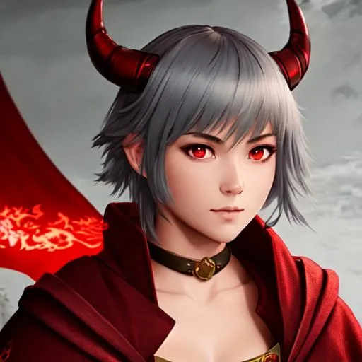 Prompt: A young female swordsman with short gray hair, red eyes, dragon horns and tail, cloak, fantasy