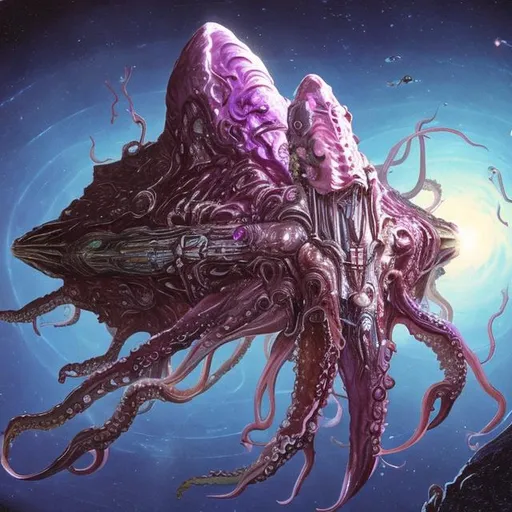 Prompt: Bio-Space ship of living flesh, crystal form, squid ship