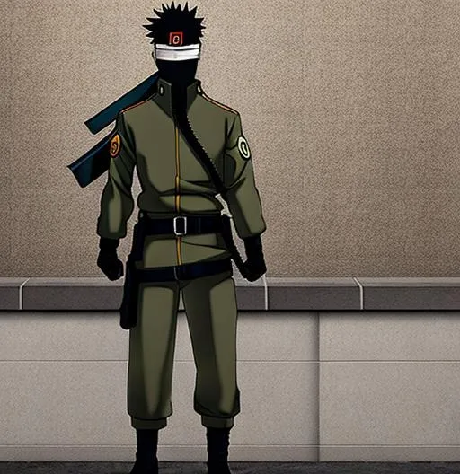 Prompt: A man against a wall with shaved up fade, Military combat uniform, symmetrical, asian eyes, staring in the distance, anime style, Realistic proportions, naruto, sniper mask, highrise Invasion