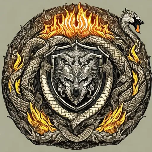 Prompt: Sun,swan,bear,fire,,snake,Shield, ,highly detailed {object}, Centered hd,Vector illustration,hd