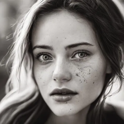 Prompt: Womans face in black and white portrait but her eyes in color close up shot faint smirk on face