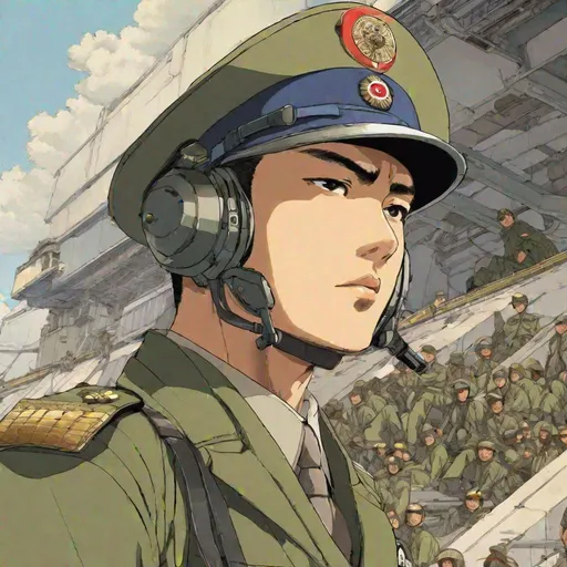 Prompt: Whole body full figure. From distance. a scifi japanese officer in 20th century uniform. he wears a jpanase field cap on head. Khaki uniform. Anime art. Anime. Katsuiro Otomo art. Akira art. Leiji Matsumoto art. 2d art. 2d. well draw face. detailed.