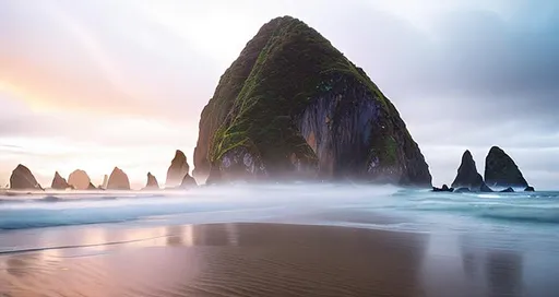 Prompt: eyes, 8k, Haystack Cannon Beach Oregon, front, full body, Epic action pose, epic Instagram, solar, psychedelic, fog, dusk, Twilight, hyperdetailed, intricately detailed, hyper-realistic, fantastical, intricate detail, WIDESCREEN, complementary colors, concept art, masterpiece, NEON oil painting, heavy strokes, splash arts