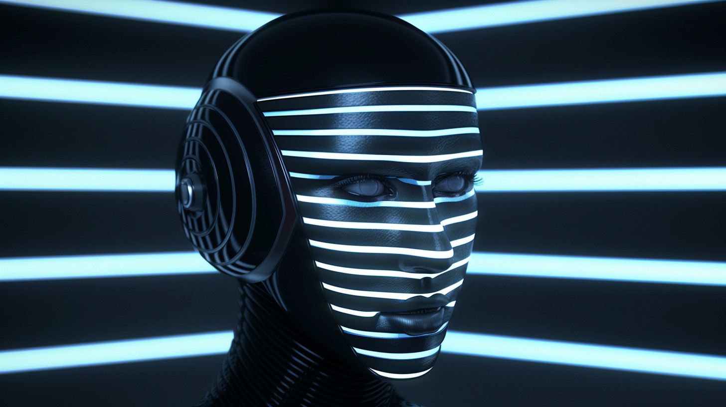 Prompt: A face in the dark, reimagined with a high-tech futuristic twist inspired by Apollos Tzavahniki. The stop-motion animation style is transformed with vibrant horizontal stripes, a light silver and dark navy color scheme, and intense chrome reflections. Mind-bending patterns blend seamlessly with the futuristic robots, creating an otherworldly atmosphere