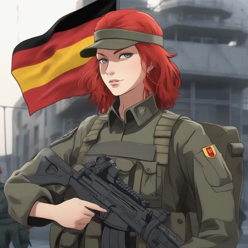 Prompt: A red-haired, female German KSK soldier. The German Democratic Republic flag is behind her in the background. (anime)