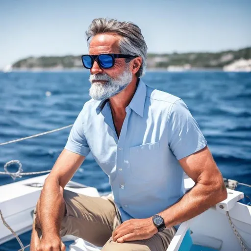 Prompt: photo of a confident, healthy, German, 45 year old, haired, grey bearded sailor looking magical and handsome wearing a light blue Oxford shirt and modern sun glasses
while pulling the anchor on a raceboat.



