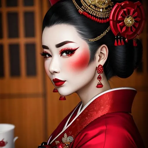 Prompt: Ruby lady-a geisha all in red, full face, elegant, facial closeup