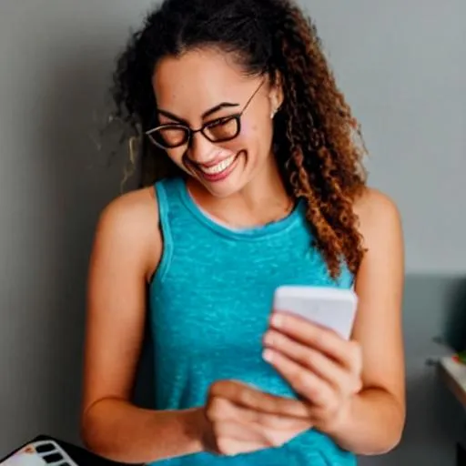 Prompt: a 25 years old woman wearing a tank top writing a text message, while smiling