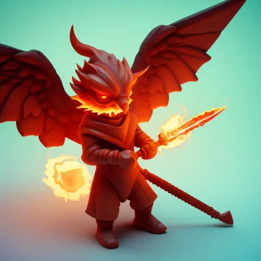 Prompt: Tiny cute isometric red demon holding a flaming sword, soft smooth lighting, with soft colors, 100mm lens, 3d blender render, trending on polycount, modular constructivism, fiery background, physically based rendering, symmetrical, centered.