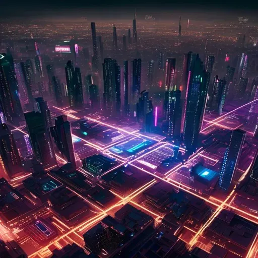 Prompt: bladerunner 2049 city with joi holograms at night viewed from above