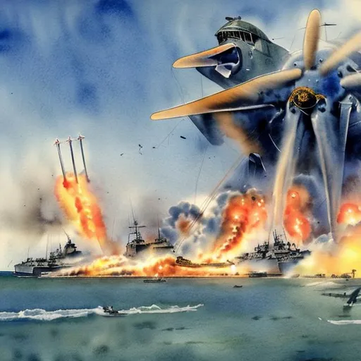Prompt: Battle of Midway 1942 in watercolor