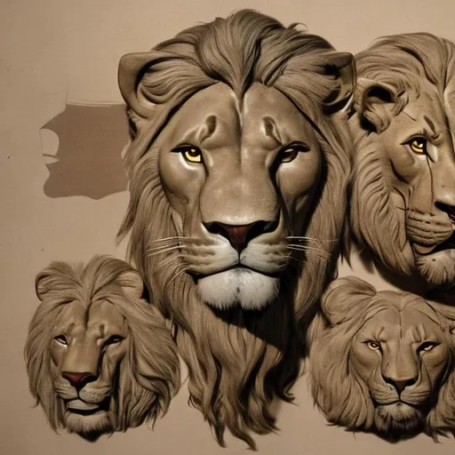 Prompt: having the likeness of a man, and having four faces: that of a man, a lion (on the right side), and ox (on the left side), and an eagle.