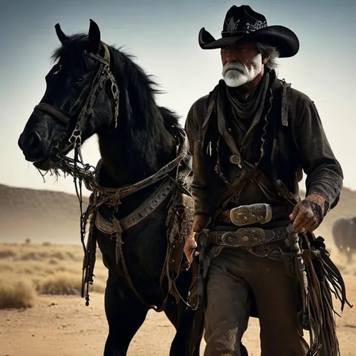 Prompt: A ruthless Cowboy in all black with a scar over his right blue eye. A scruffy grey beard hangs down from his face as he walks his horse to water.