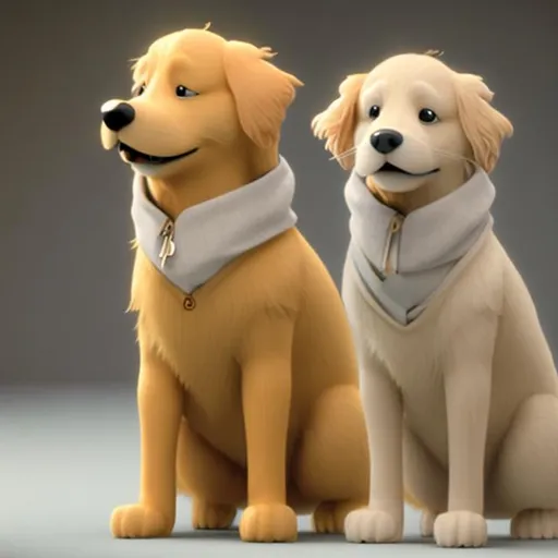 Prompt:  animated  golden retrievers anthropomorphic, walks on two legs, wears clothes
