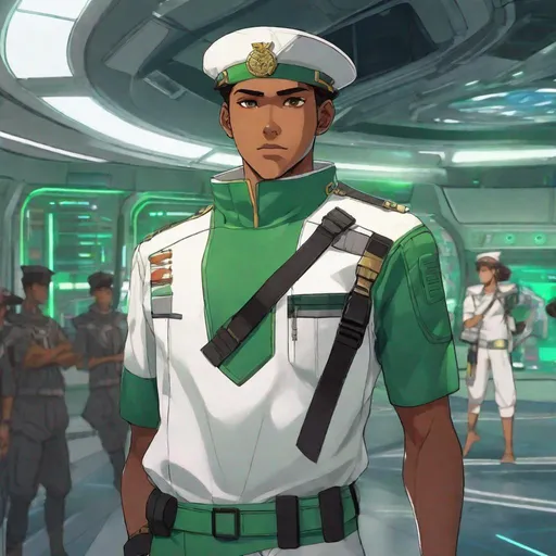 Prompt: A whole figure. Full body. Whole figure. A sailor in scifi uniform. Green and white uniform. Envelop cap. He is stands on guard. Polynesian skin tone. Studio Mir art. Anime art. 2d art. 2d. In background a scifi station deck. 