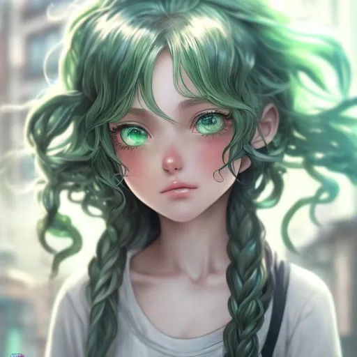 Prompt:  Realistic girl in anime, hyper detailed, long green wavy hair in a messy bun anime girl and has green eyes,highly full character visible, soft lighting, high definition, ultra realistic, digital art.