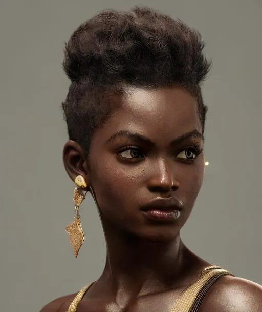 Prompt: dark skin , fairy , pointy ears , gold , curly hair