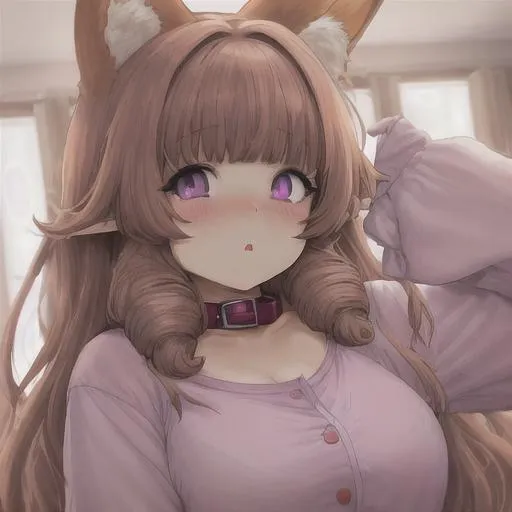 Prompt: cute short chubby fat white girl with auburn curly long hair with fox ears she is wearing a kids onesie and has a collar and she has grey purplish eyes. she looks as if she just woken up from an afternoon nap