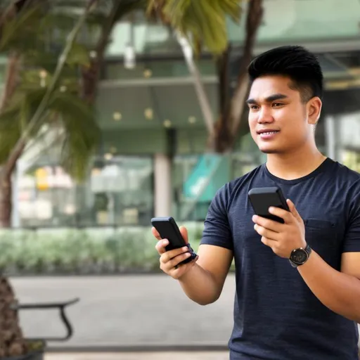 Prompt: a filipino man talking to his android phone