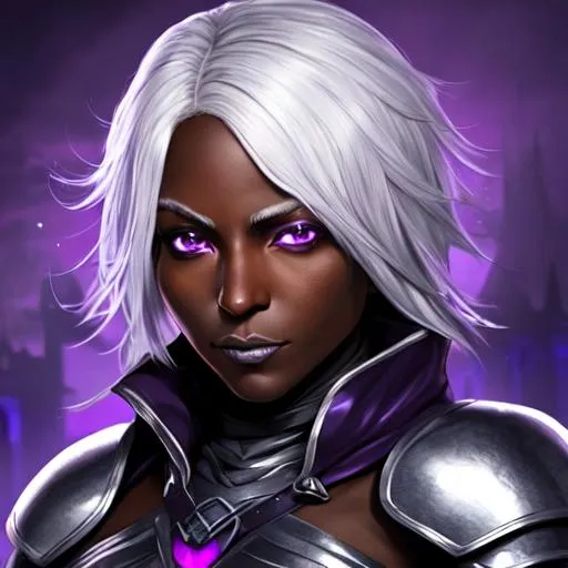 Prompt: portrait of a beautiful dark-skinned pensive female rogue investigator with silver hair and purple eyes wearing elegant fantasy leather armor