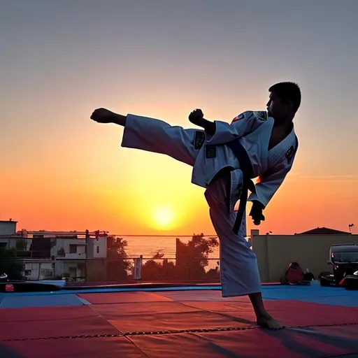Prompt: Someone who does karate in front a sunset.