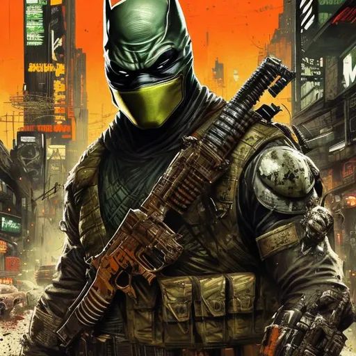 Prompt: Ninja turtle, olive and orange. Imperfect, Gritty, Todd McFarlane style futuristic army-trained villain batman punisher spawn. full face mask. Bloody. Hurt. Damaged. Accurate. realistic. evil eyes. Slow exposure. Detailed. Dirty. Dark and gritty. Post-apocalyptic Neo Tokyo .Futuristic. Shadows. Sinister. Armed. Fanatic. Intense. 