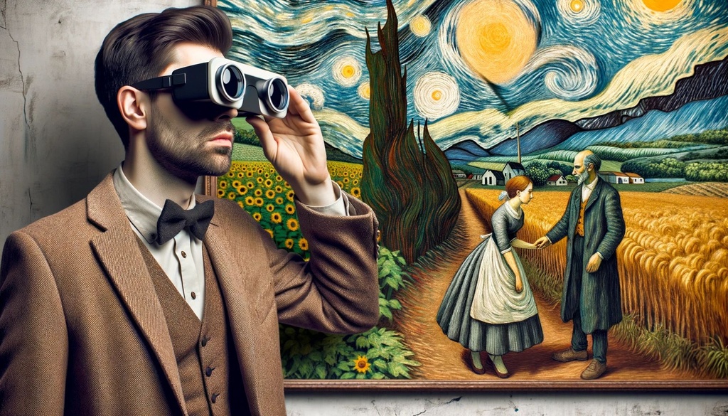 Prompt: A man donning sunglasses with a painting of a countryside and woman and man, in the style of rustic retro, surrealistic sketches, Vincent van Gogh, augmented reality, serene landscapes, anthropological artefact sketching in wide ratio