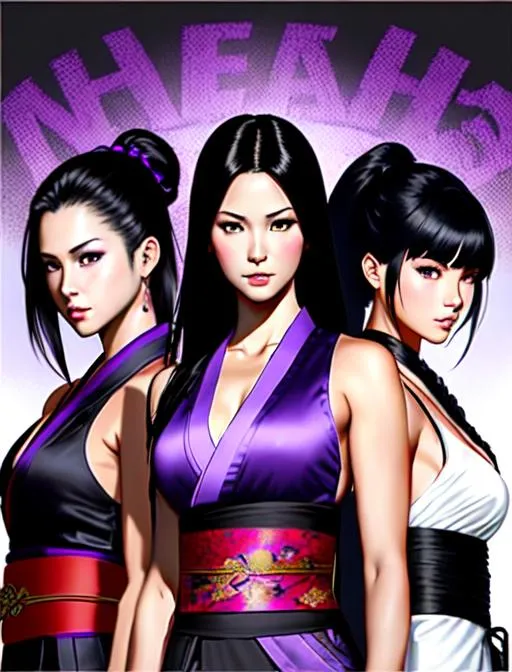 Prompt: Keanu Reeves standing next to two young female ninjas, sleeveless, dark black wild hair, brown eyes, battlefield, glam makeup, ethereal, purple traditional kimono from FFXIV, jewelry set,stunning, royal vibe, highly detailed, digital painting, Trending on artstation , HD quality, tan skin,artgerm,  by Ilya Kuvshinov 