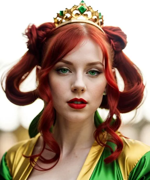 Prompt: a extremely atractive young white woman, pale porcelain skin, bright green expressive eyes, luxious shiny red hair, full crimson red lips, green and gold ballroom dress, delicate golden crown dramatic lighting, high resolution, 4k, bright colors, portrait, noblewoman, enticing, flirty, enchanting