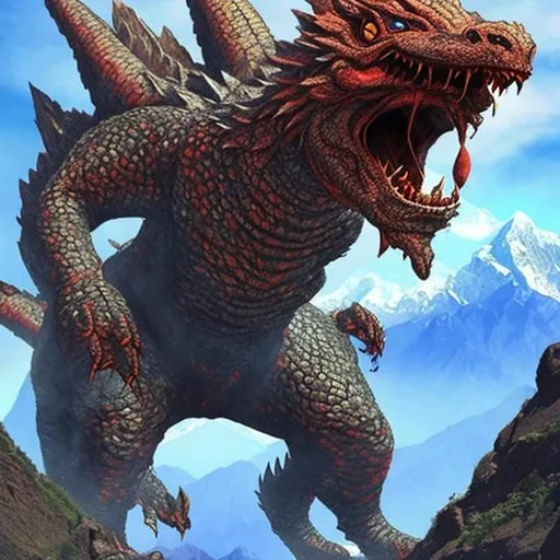 Prompt: Nepal as a kaiju fighting against Dragons