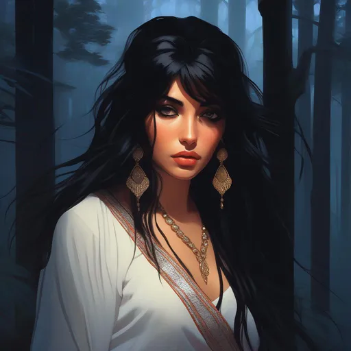 Prompt: highest quality anime art masterpiece, digital drawing, armenian woman with long black hair:vistani, sad in a forest on a dark foggy night, mocha skin:2, waxing moon, ethereal, jewelry set, highres, realistic, highly detailed, fantasy, gypsy, roma, D&D, Ravenloft, by Ilya Kuvshinov