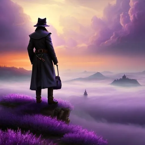 Prompt: A shady cat merchant wearing trench coat with many pockets in a Mysterious Floating Island and Misty Purple Clouds, Impressionism, Romanticism, Soft-focus, Vintage, Nostalgic, Dreamy, Poetic, Emotional, 4k, Intricate Details, DND, fantasy