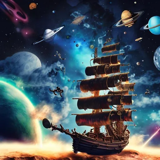 Prompt: 
pirate ship sailing through outer space