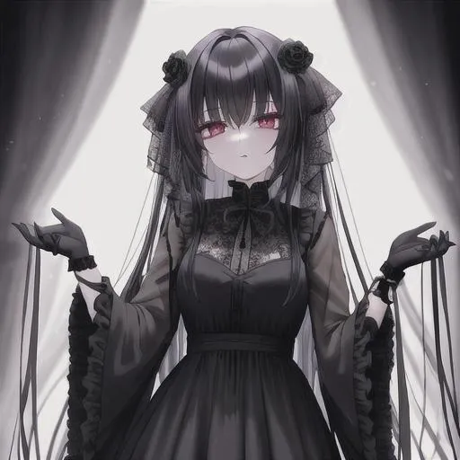 Prompt: A creepy goth girl with dark makeup standing in a mossy forest wearing a black dress with long flowy sleeves hands behind her back She looks like something out of a Japanese horror tale with a black flower in her hair 