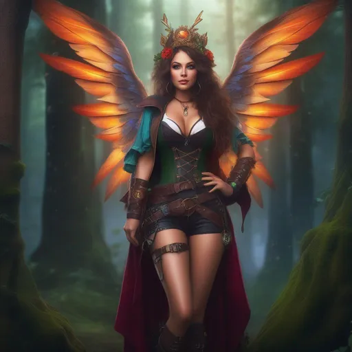 Prompt: Epic. Cinematic. 4k.  8k.  Wide angle shot. Full body shot. Hyper realistic painting. Concept art. matte painting. Detailed Illustration. photo realistic. A beautiful, buxom woman with broad hips. extremely colorful, bright eyes,  standing in a forest by a sleepy town. Shes a Steam Punk, colorful, gothic style witch.  A distinct Winged fairy, with a skimpy, very sheer, gossamer, flowing outfit.  A picturesque Halloween night.  Octane render. Trending on artstation.