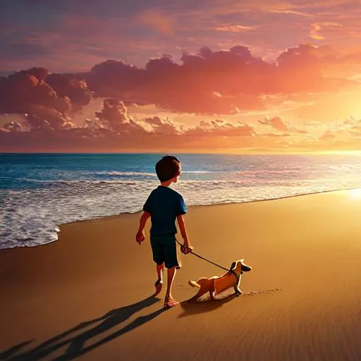 Prompt: Fantasy young boy with his little dog walking in the sand of a beach in a wonderful island during the sunset ...
