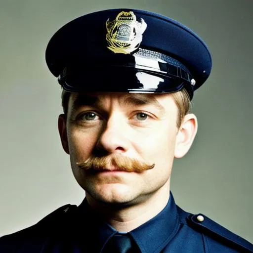 Prompt: Martin Freeman with a vintage moustache as a police officer