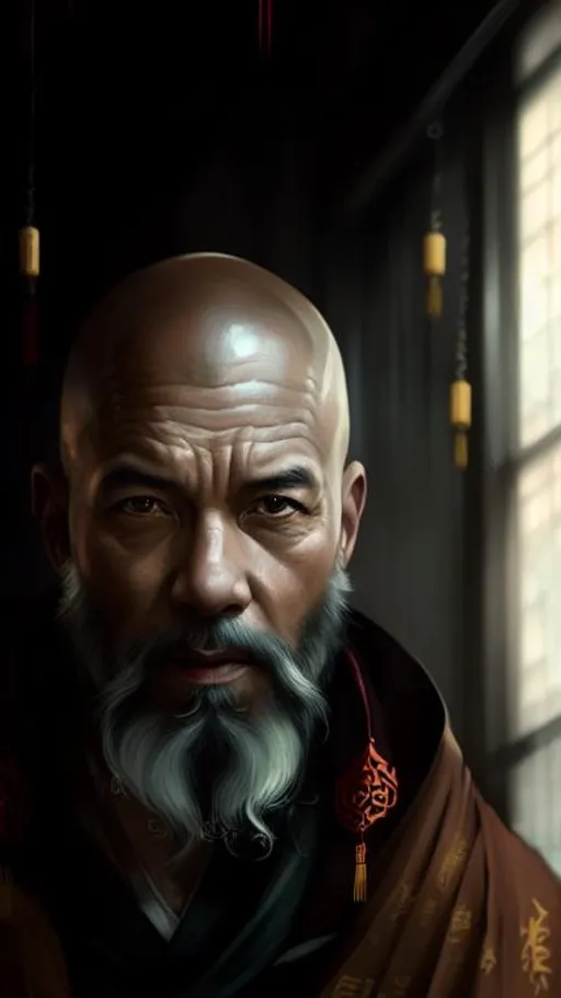 Prompt: Beautiful chinese monk old bald, Ben Bauchau, Michael Garmash, Daniel F Gerhartz, Clint Cearley, Carne Griffiths, Jean Baptiste Monge, strybk style, warm dreamy lighting, matte background, volumetric lighting, pulp adventure style, fluid acrylic, dynamic gradients, bold color, illustration, highly detailed, simple, smooth and clean vector curves, vector art, smooth, johan grenier, character design, 3d shadowing, fanbox, cinematic, ornate motifs, elegant organic framing, hyperrealism, posterized, masterpiece collection, bright lush colors, TXAA, penumbra, alcohol paint, wet gouache, dark paranormal, concept art, h.r. giger, jeremy geddes, airbrush, sublime composition, + 36.5 mm f0 cinematic quality , low horizon, layered insanity detailed texture , lithographic style, dim dusk, atmospheric lighting, 32K, , low poly, isometric art, 3d art, high detail, artstation, concept art, behance, ray tracing, smooth, sharp focus, ethereal lighting