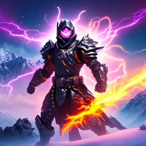 Prompt: sci-fi armoured ninja
 god in an electric aura spining a purple flaming sword in front of a snowy mountain with thunder