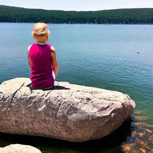 Prompt: girl sitting on rock at lake winnipeasukee 