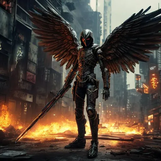 Prompt: Gold assassin winged angel. 4k
. Full body. Imperfect, Gritty, Todd McFarlane style futuristic army-trained. Bloody. Hurt. Damaged. Accurate. realistic. evil eyes. Slow exposure. Detailed. Dirty. Dark and gritty. Post-apocalyptic Neo Tokyo .Futuristic. Shadows. Sinister. Armed. Fanatic. Intense. 