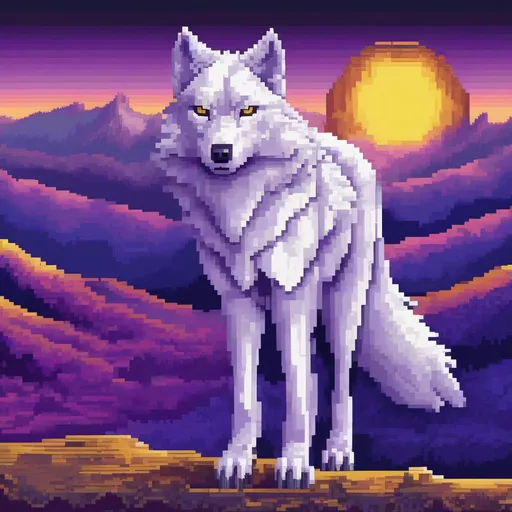 Prompt: pixel art, 16-bit, beautiful {white wolf}, with {silver eyes}, looking at viewer, glaring through fourth wall, layers of purple mountain silhouettes, twilight, highly detailed, beautifully detailed shading, complementary colors, golden ratio