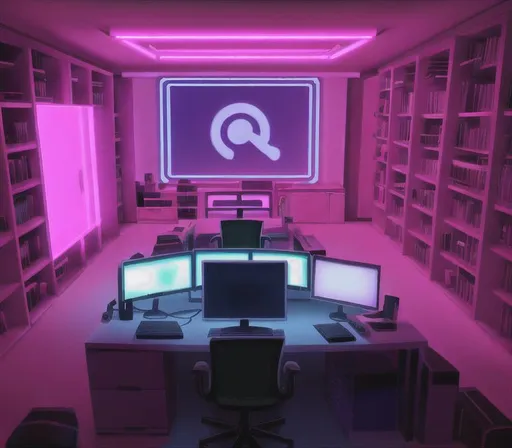Prompt: neon bedroom in orange, blue and purple with a large desk to the right with multiple monitors. A large bed with shelves behind it in the back left of the room.