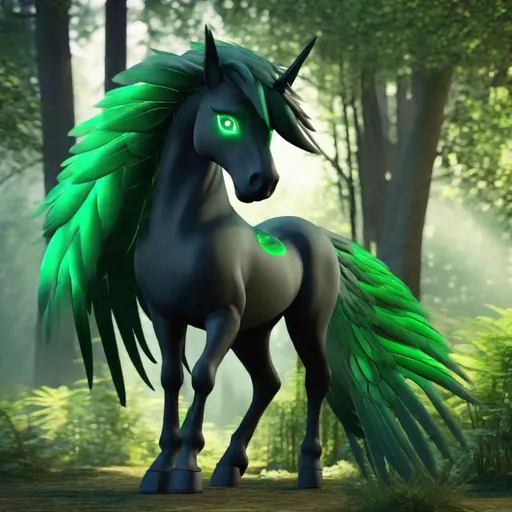 Prompt:  small twisted pegasus animatronic hybrid, with focused emerald eyes. They identify as a Male. Emerald colored feathery wings and tail. dark Green ombre mane and tail. UHD, HD, 4K, green haze, anime style, green and black coat, in the forest