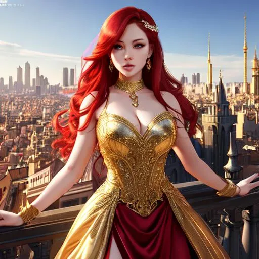 Prompt: Jennie, girl, red hair, gold eyes, full body, married dresses, city with buildings, high resolution, realistic art, ultra detailed face, concept art, high quality, detailed, best quality 8kconcept art, matte painting, HQ, 4k